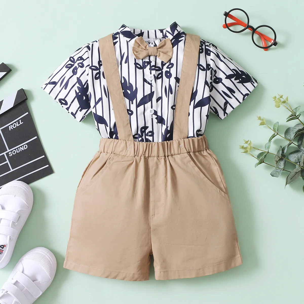 2 Pieces Set Baby Kid Boys Striped Print Shirts And Solid Color Rompers