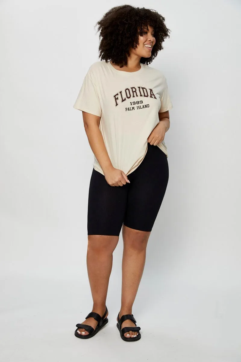 Beige Placement Cotton T-Shirt Florida Embroidered Short Sleeve