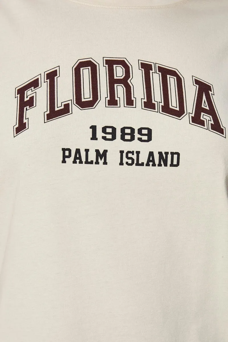 Beige Placement Cotton T-Shirt Florida Embroidered Short Sleeve