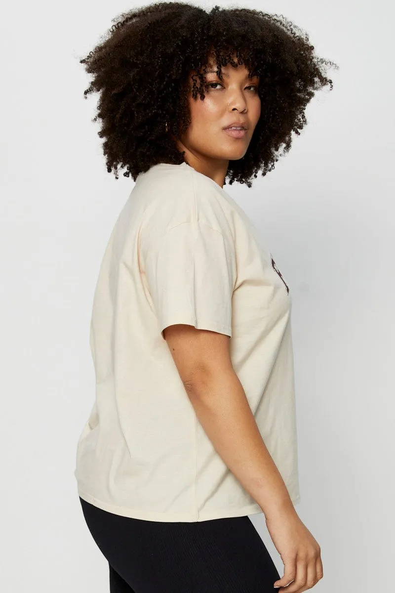 Beige Placement Cotton T-Shirt Florida Embroidered Short Sleeve
