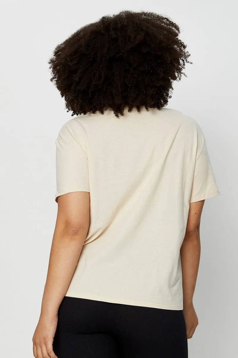 Beige Placement Cotton T-Shirt Florida Embroidered Short Sleeve