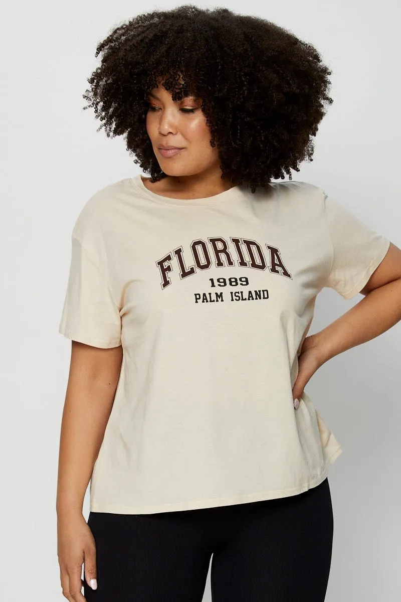 Beige Placement Cotton T-Shirt Florida Embroidered Short Sleeve