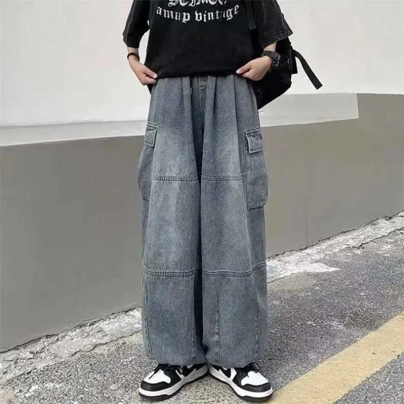 Elastic Waist Wide leg Pockets Baggy Jeans