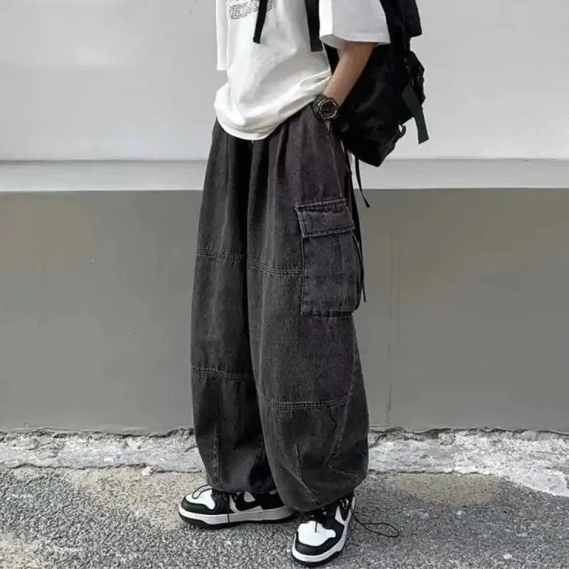 Elastic Waist Wide leg Pockets Baggy Jeans
