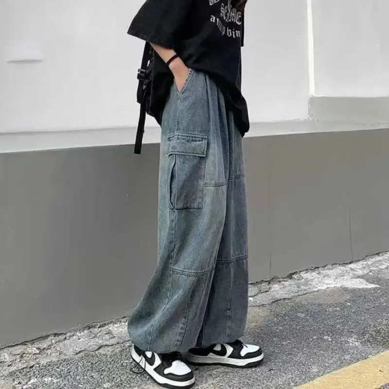 Elastic Waist Wide leg Pockets Baggy Jeans