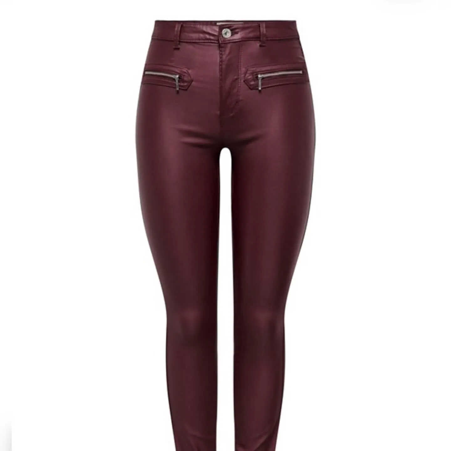 High Waist Burgundy PU Jeans