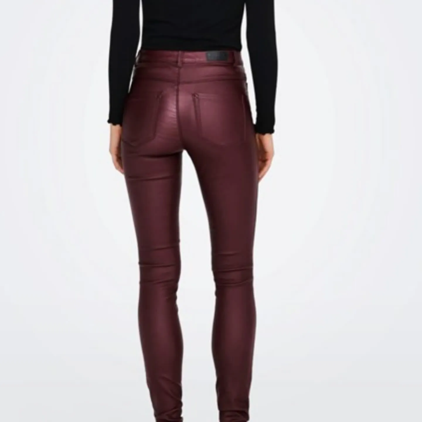 High Waist Burgundy PU Jeans