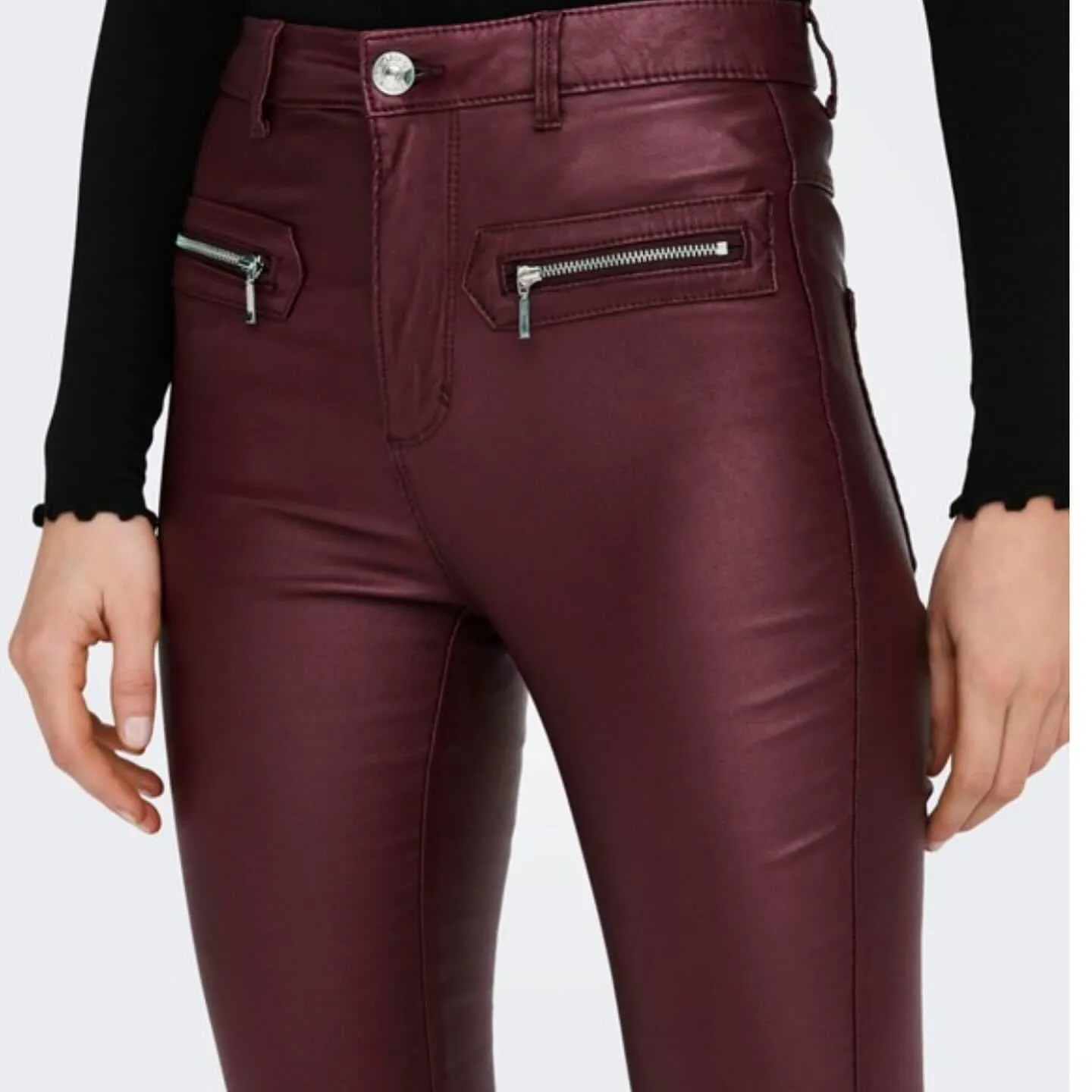 High Waist Burgundy PU Jeans