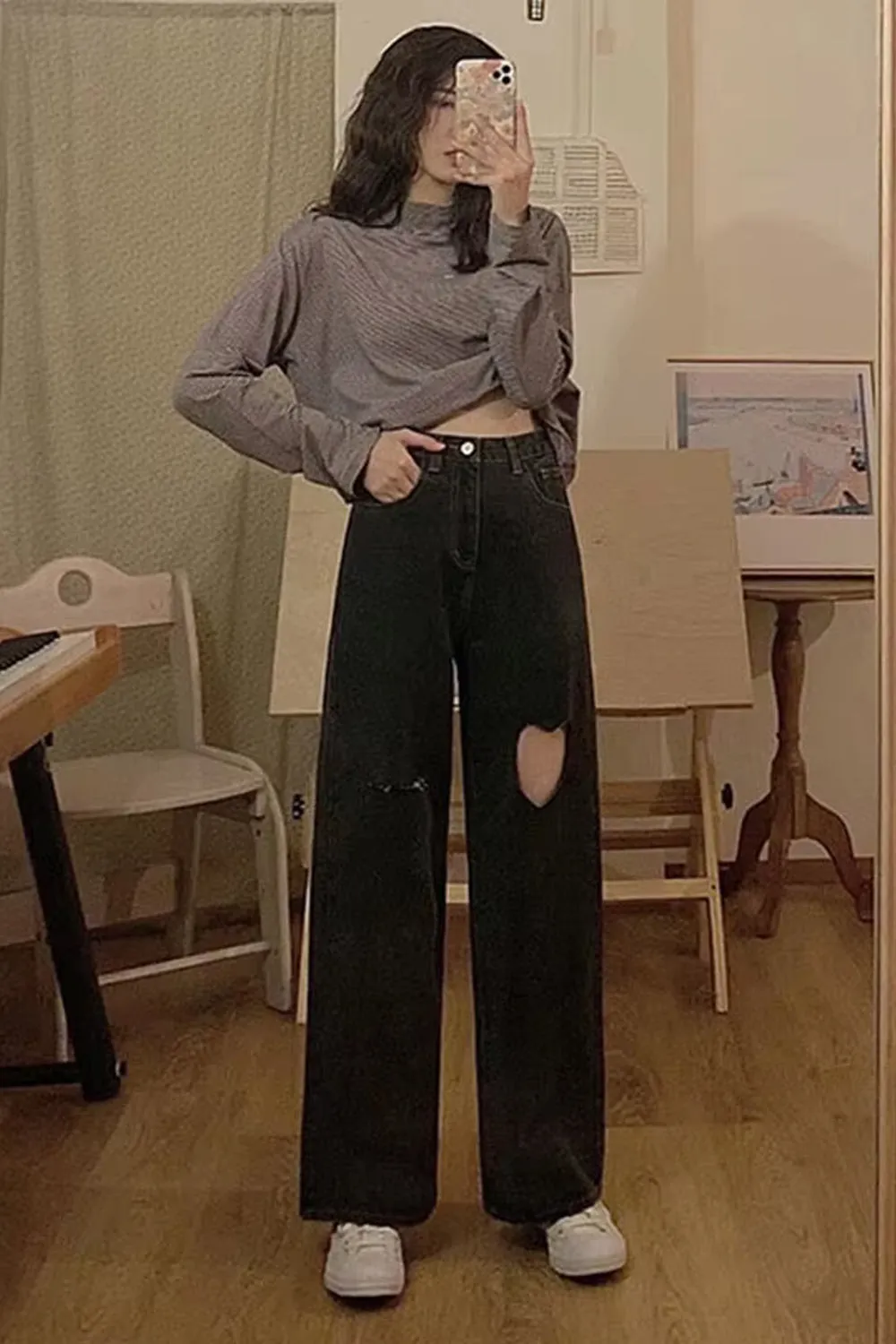 High Waist Heart Shaped Hole Denim Pants