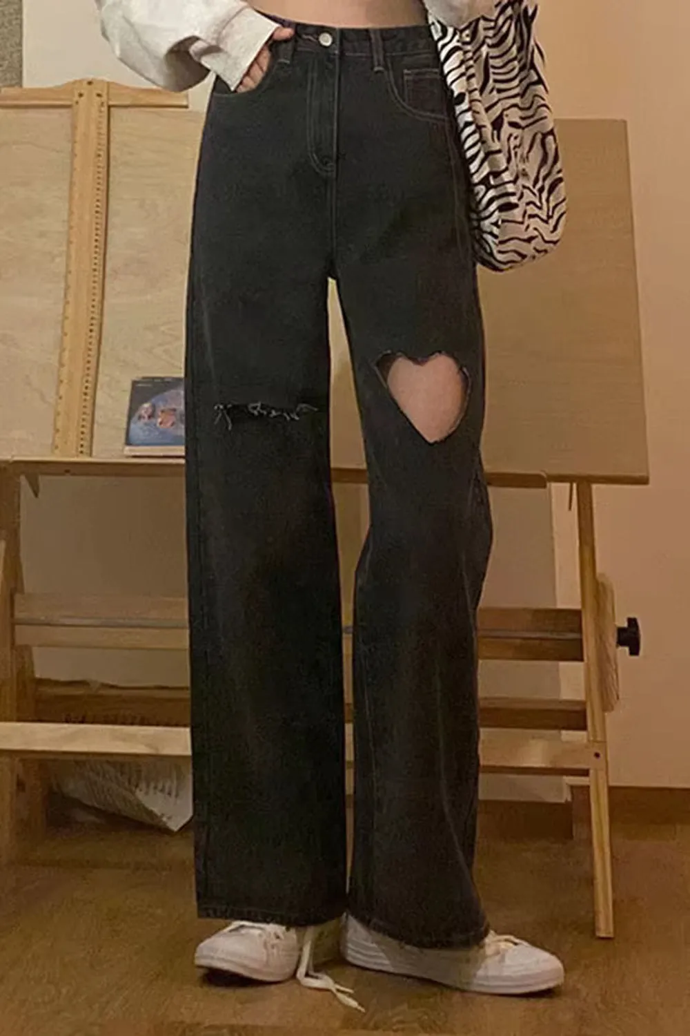High Waist Heart Shaped Hole Denim Pants