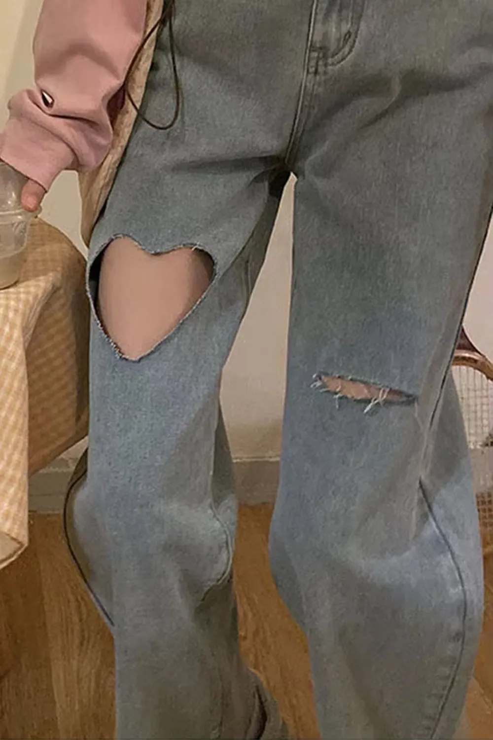 High Waist Heart Shaped Hole Denim Pants