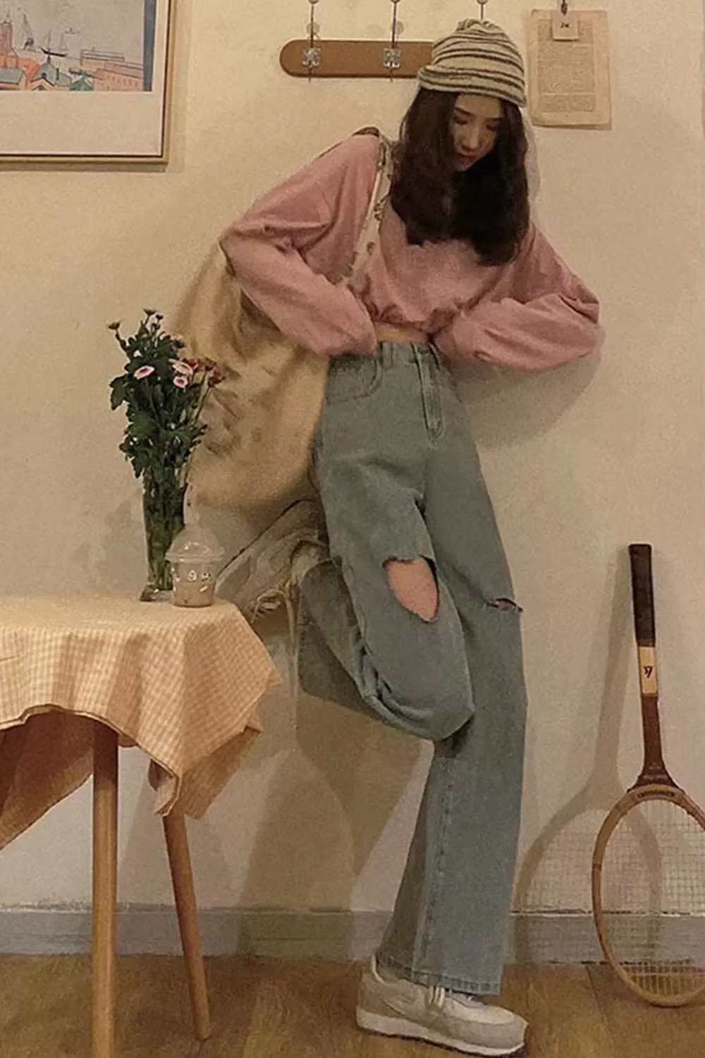 High Waist Heart Shaped Hole Denim Pants