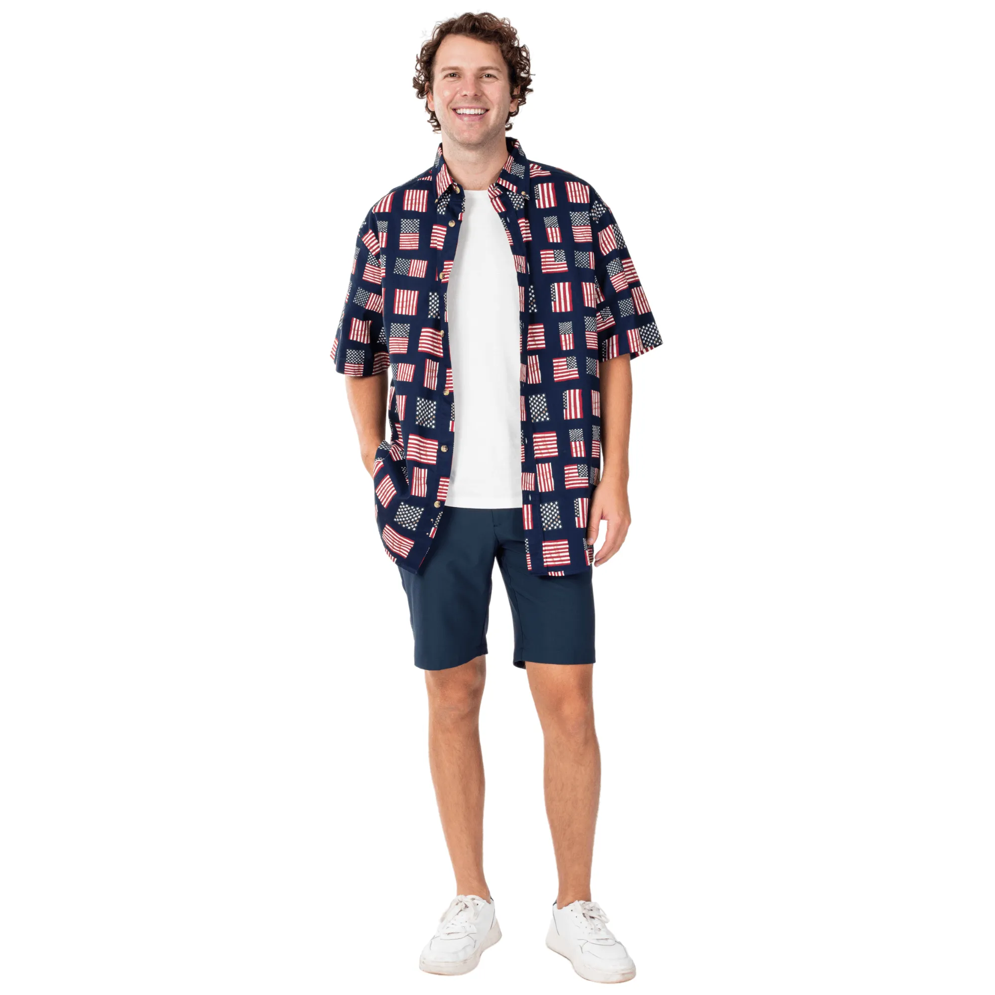 Men's Flag Print Button Up Short Sleeve Shirt