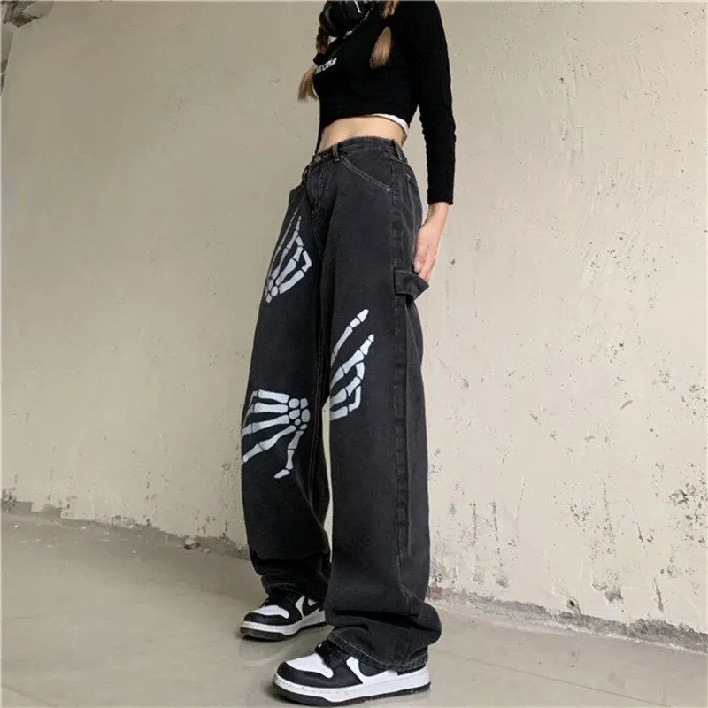 Y2K Skeleton Hands Baggy Jeans