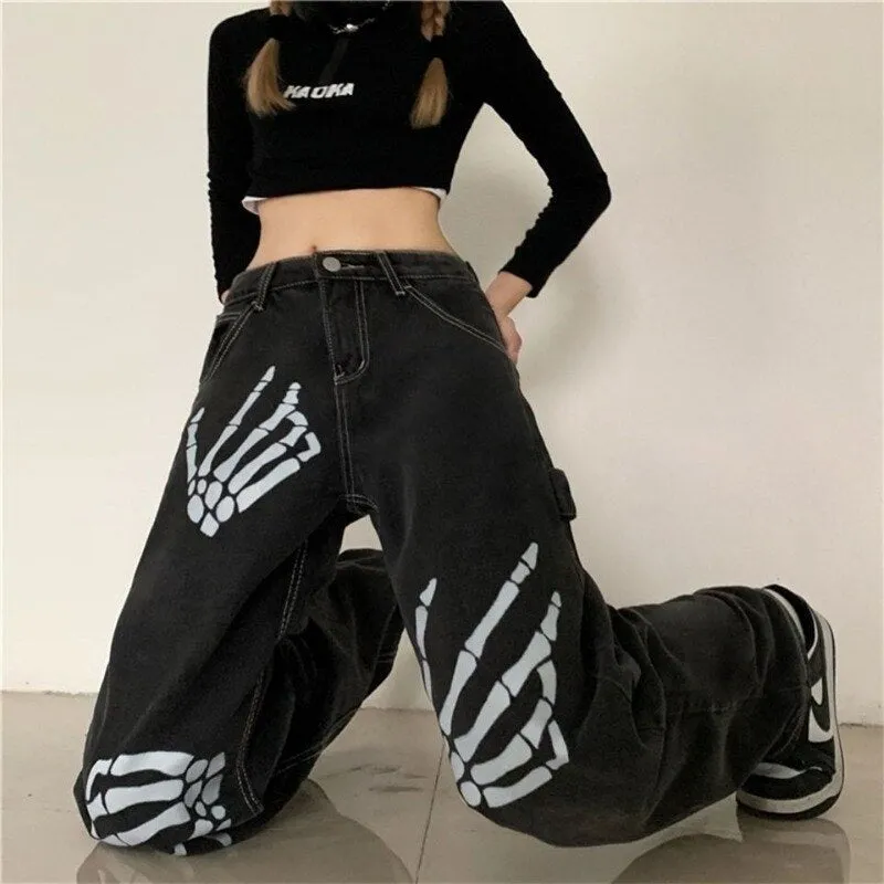 Y2K Skeleton Hands Baggy Jeans