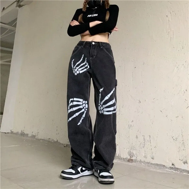 Y2K Skeleton Hands Baggy Jeans