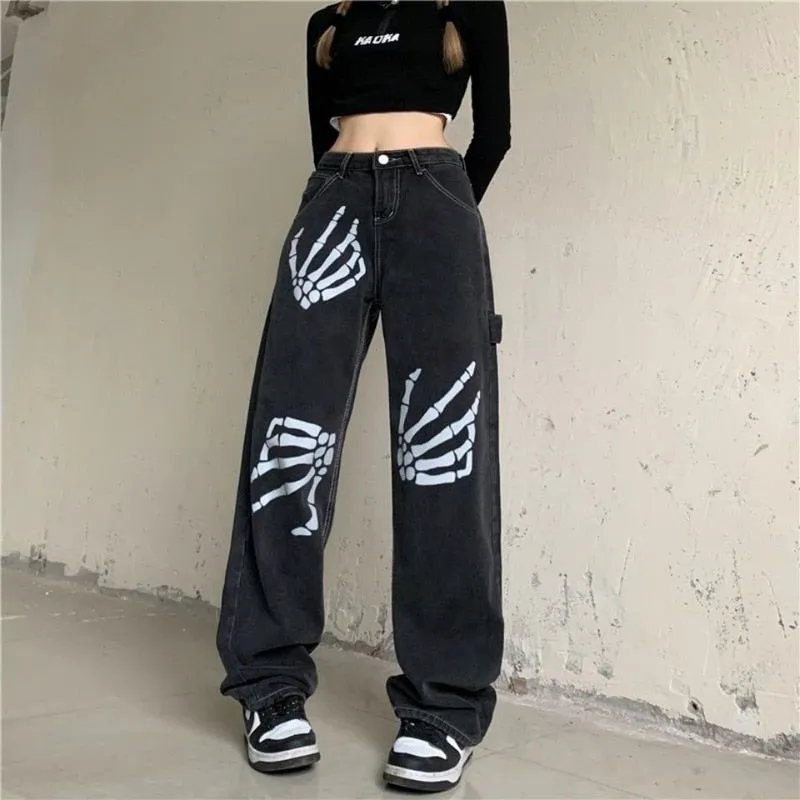 Y2K Skeleton Hands Baggy Jeans