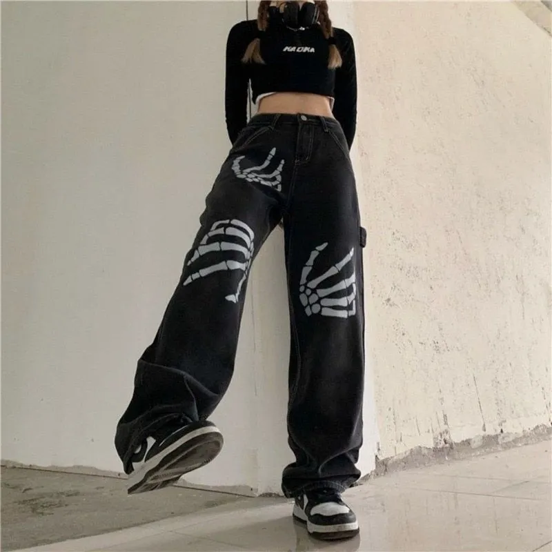 Y2K Skeleton Hands Baggy Jeans
