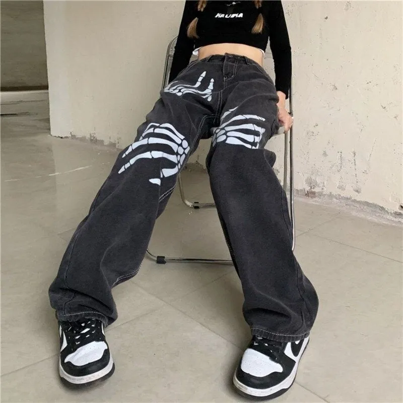 Y2K Skeleton Hands Baggy Jeans